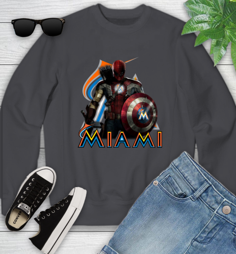 MLB Captain America Thor Spider Man Hawkeye Avengers Endgame Baseball Miami Marlins Youth Sweatshirt 6
