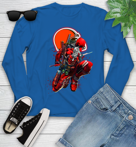 NFL Deadpool Marvel Comics Sports Football Cleveland Browns Youth Long Sleeve 9