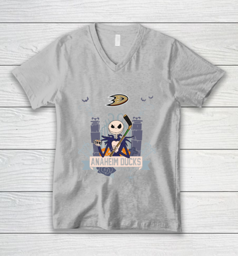 NHL Anaheim Ducks Hockey Jack Skellington Halloween V-Neck T-Shirt 3