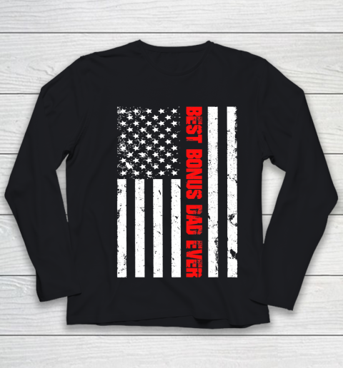 Father's Day Funny Gift Ideas Apparel  Mens Best Bonus Dad Ever American Flag Fathers Day 4th of Ju Youth Long Sleeve