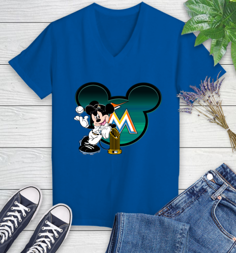 MLB Miami Marlins The Commissioner's Trophy Mickey Mouse Disney Women's V-Neck T-Shirt 10
