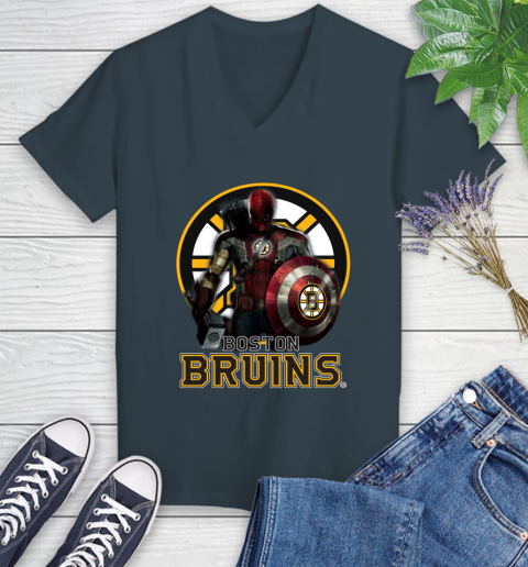 NHL Captain America Thor Spider Man Hawkeye Avengers Endgame Hockey Boston Bruins Women's V-Neck T-Shirt 8