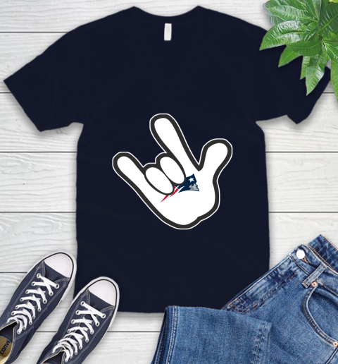 New England Patriots NFL Football Mickey Rock Hand Disney V-Neck T-Shirt 3