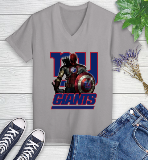 NFL Captain America Thor Spider Man Hawkeye Avengers Endgame Football New York Giants Women's V-Neck T-Shirt 4