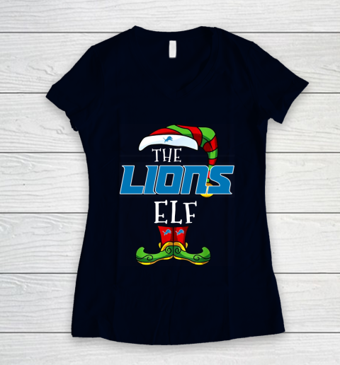 Detroit Lions Christmas ELF Funny NFL Women's V-Neck T-Shirt 2