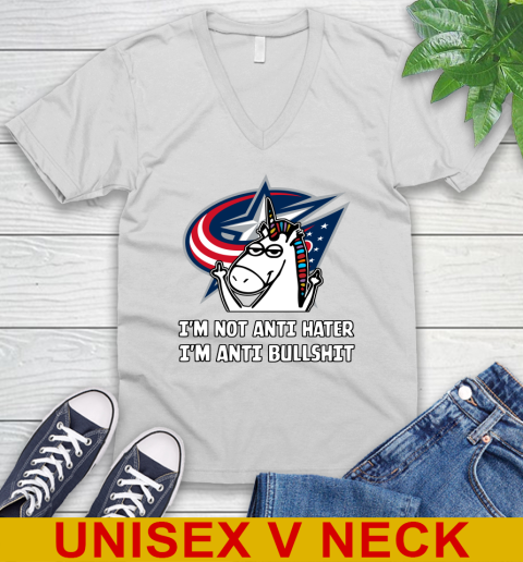Columbus Blue Jackets NHL Hockey Unicorn I'm Not Anti Hater I'm Anti Bullshit V-Neck T-Shirt