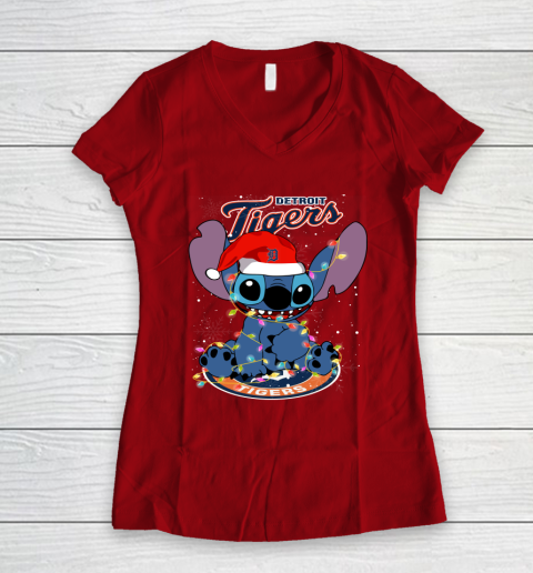 Detroit Tigers MLB noel stitch Baseball Christmas Women's V-Neck T-Shirt 6