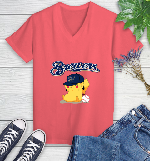 MLB Pikachu Baseball Sports Milwaukee Brewers Women's V-Neck T-Shirt 6