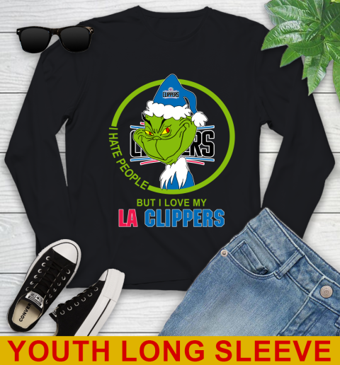LA Clippers NBA Christmas Grinch I Hate People But I Love My Favorite Basketball Team Youth Long Sleeve 2
