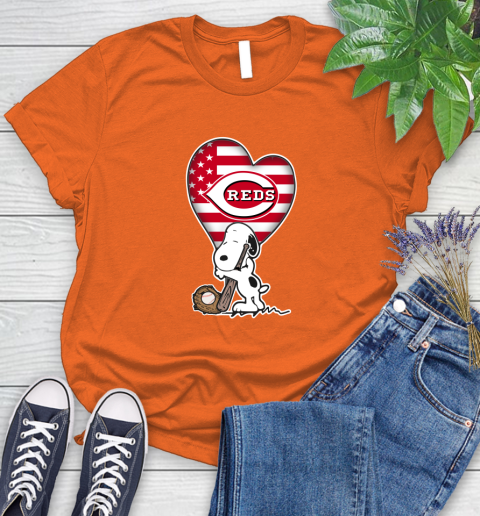 Cincinnati Reds MLB Baseball The Peanuts Movie Adorable Snoopy Women's T-Shirt 4