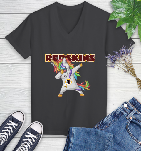 Washington Redskins NFL Football Funny Unicorn Dabbing Sports Women's V-Neck T-Shirt 8