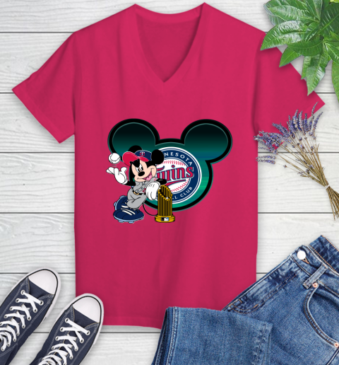 MLB Minnesota Twins The Commissioner's Trophy Mickey Mouse Disney Women's V-Neck T-Shirt 9