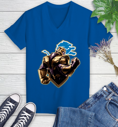NFL Thanos Avengers Endgame Football Sports Detroit Lions Women's V-Neck T-Shirt 10