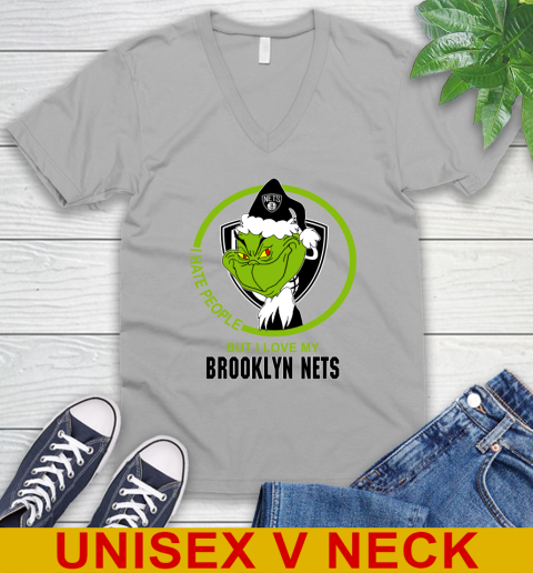 Brooklyn Nets NBA Christmas Grinch I Hate People But I Love My Favorite Basketball Team V-Neck T-Shirt 4