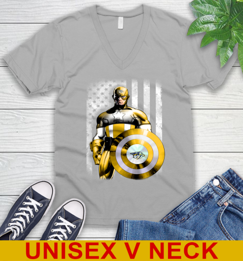 Nashville Predators NHL Hockey Captain America Marvel Avengers American Flag Shirt V-Neck T-Shirt - Image 4