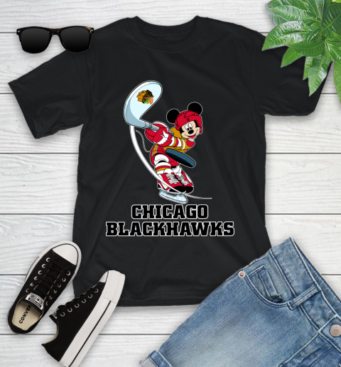 NHL Hockey Chicago Blackhawks Cheerful Mickey Mouse Shirt Youth T-Shirt