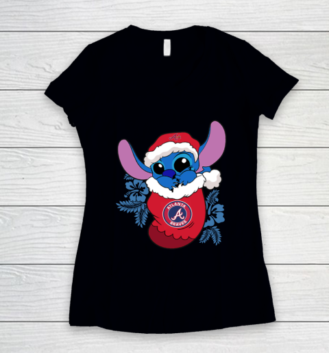 Atlanta Braves Christmas Stitch In The Sock Funny Disney MLB Women's V-Neck T-Shirt