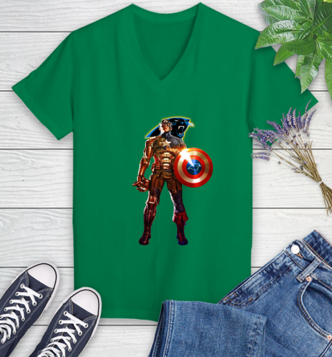 NFL Captain America Marvel Avengers Endgame Football Sports Carolina Panthers Women's V-Neck T-Shirt 5