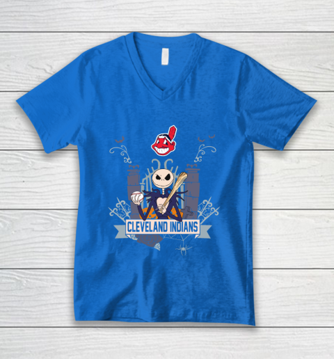 MLB Cleveland Indians Baseball Jack Skellington Halloween V-Neck T-Shirt 5