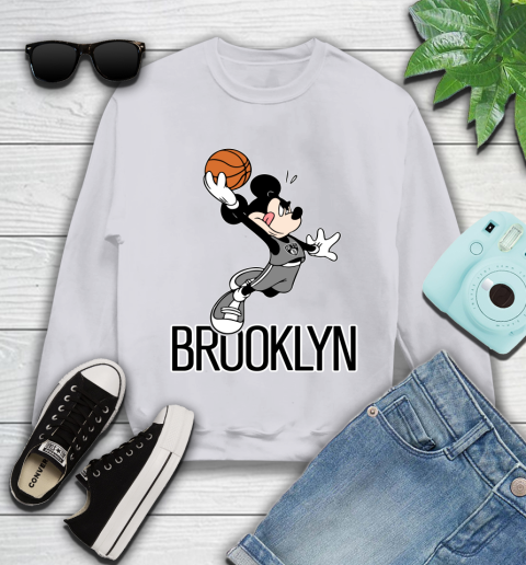 NBA Basketball Brooklyn Nets Cheerful Mickey Mouse Shirt Youth Sweatshirt 4