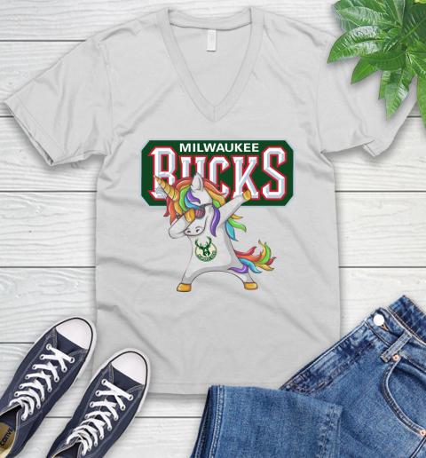 Milwaukee Bucks NBA Basketball Funny Unicorn Dabbing Sports V-Neck T-Shirt