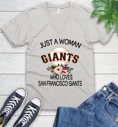 MLB Just A Woman Who Loves San Francisco Giants Baseball Sports V-Neck T-Shirt