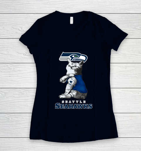 NFL Football My Cat Loves Seattle Seahawks Women's V-Neck T-Shirt 2