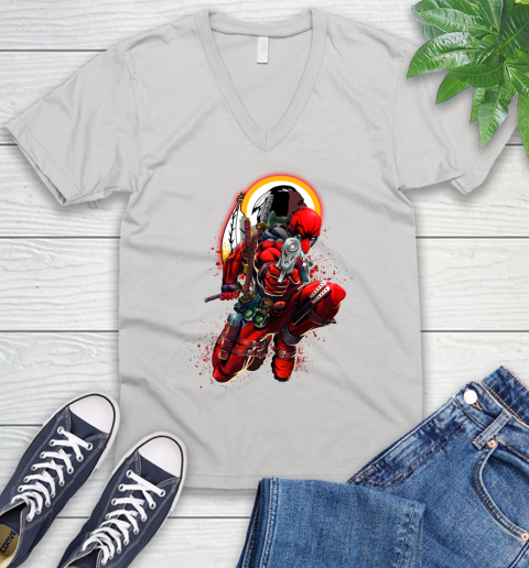 NFL Deadpool Marvel Comics Sports Football Washington Redskins V-Neck T-Shirt