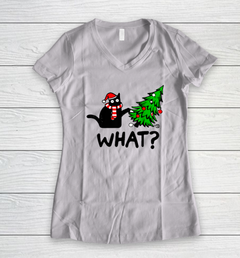 Funny Black Cat Gift Pushing Christmas Tree Over Cat What Women's V-Neck T-Shirt