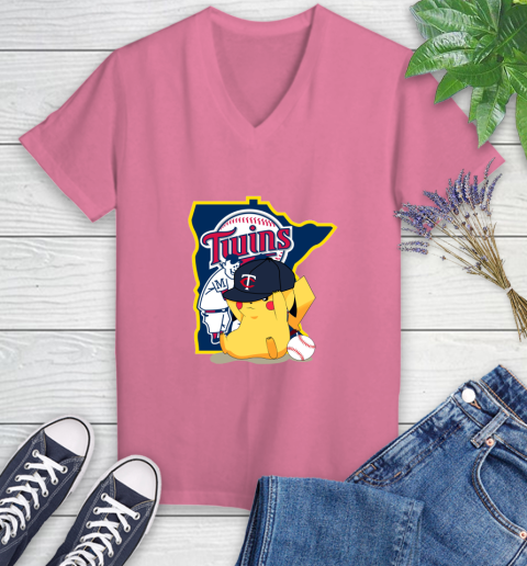 MLB Pikachu Baseball Sports Minnesota Twins Women's V-Neck T-Shirt 13