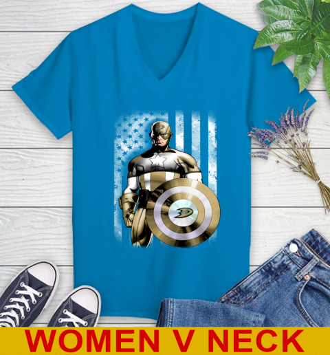 Anaheim Ducks NHL Hockey Captain America Marvel Avengers American Flag Shirt Women's V-Neck T-Shirt 7