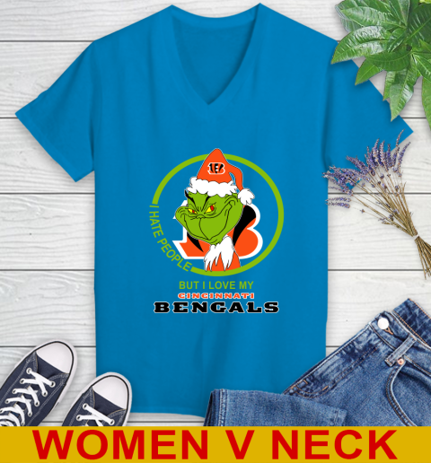 Cincinnati Bengals NFL Christmas Grinch I Hate People But I Love My Favorite Football Team Women's V-Neck T-Shirt 8