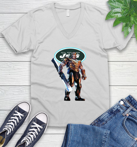 NFL Thanos Gauntlet Avengers Endgame Football New York Jets V-Neck T-Shirt