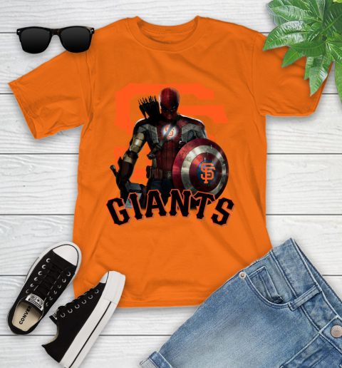 MLB Captain America Thor Spider Man Hawkeye Avengers Endgame Baseball San Francisco Giants Youth T-Shirt 7