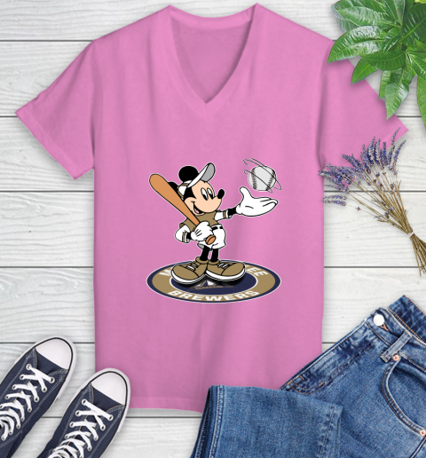 MLB Baseball Milwaukee Brewers Cheerful Mickey Disney Shirt Women's V-Neck T-Shirt 12