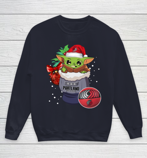 Portland Trail Blazers Christmas Baby Yoda Star Wars Funny Happy NBA Youth Sweatshirt 3