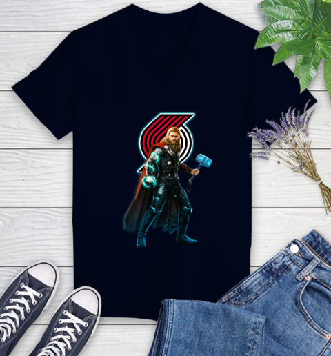 NBA Thor Avengers Endgame Basketball Portland Trail Blazers Women's V-Neck T-Shirt 3