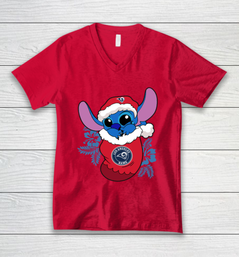 Los Angeles Rams Christmas Stitch In The Sock Funny Disney NFL V-Neck T-Shirt 7