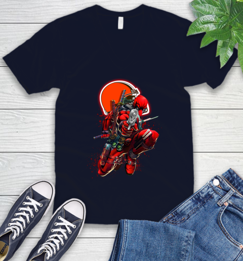 NFL Deadpool Marvel Comics Sports Football Cleveland Browns V-Neck T-Shirt 3