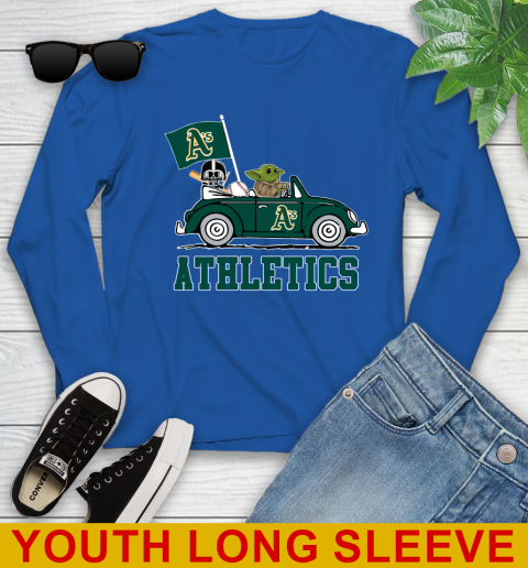 MLB Baseball Oakland Athletics Darth Vader Baby Yoda Driving Star Wars Shirt Youth Long Sleeve - Image 11