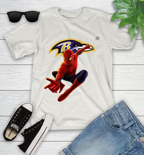 NFL Spider Man Avengers Endgame Football Baltimore Ravens Youth T-Shirt 12