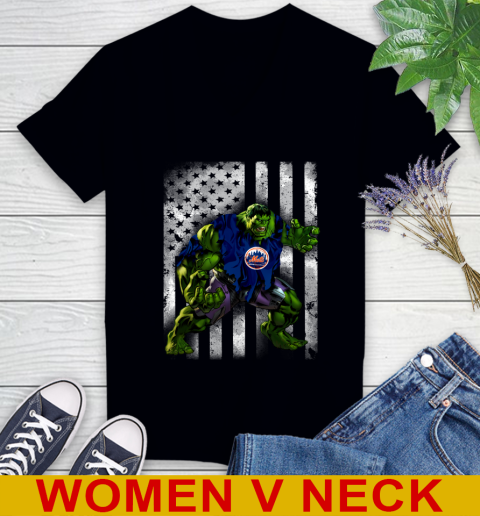 New York Mets Hulk Marvel Avengers MLB Baseball American Flag Women's V-Neck T-Shirt