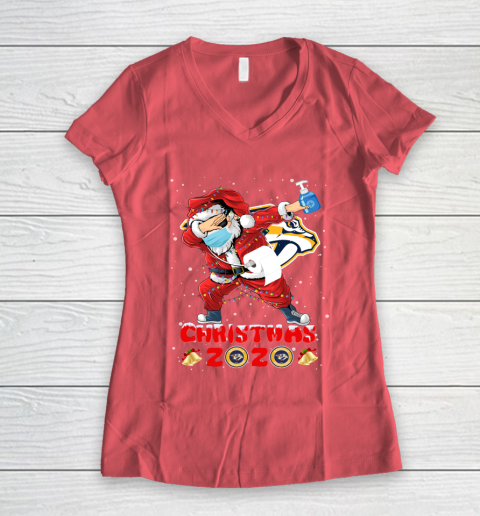 Nashville Predators Funny Santa Claus Dabbing Christmas 2020 NHL Women's V-Neck T-Shirt 4
