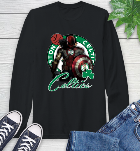 Boston Celtics NBA Basketball Captain America Thor Spider Man Hawkeye Avengers Long Sleeve T-Shirt 2