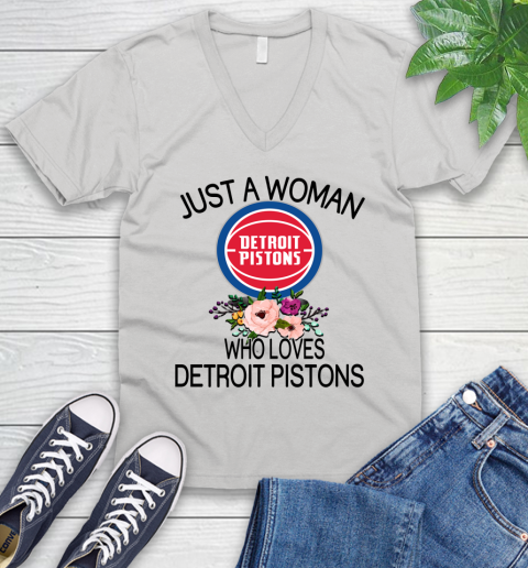 NBA Just A Woman Who Loves Detroit Pistons Basketball Sports V-Neck T-Shirt