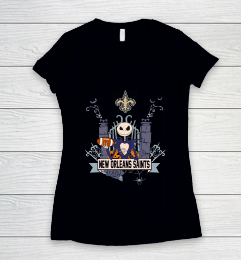 NFL New Orleans Saints Football Jack Skellington Halloween Women's V-Neck T-Shirt