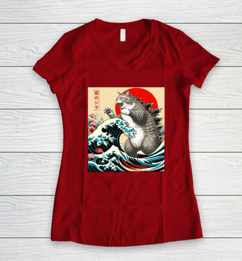 Catzilla Cat Japanese Art Funny Cat Women's V-Neck T-Shirt 6