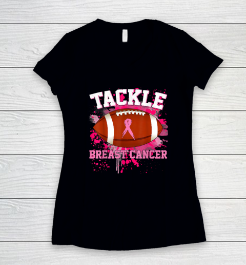 Tackle Football Pink Ribbon Breast Cancer Women's V-Neck T-Shirt