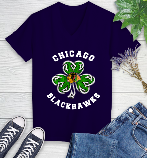 NHL Chicago Blackhawks Three Leaf Clover St Patrick's Day Hockey Sports Women's V-Neck T-Shirt 3