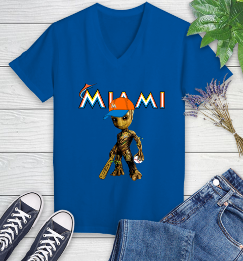 MLB Miami Marlins Groot Guardians Of The Galaxy Baseball Women's V-Neck T-Shirt 10